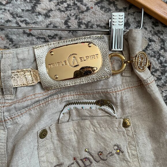 Vintage Womens Wide Leg Pants Beige Size 42 Triple=A Gold Belt Boho Lagenlook - Picture 10 of 16